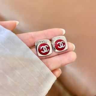 CHANEL Ruby Accent CC Square Stud Earrings