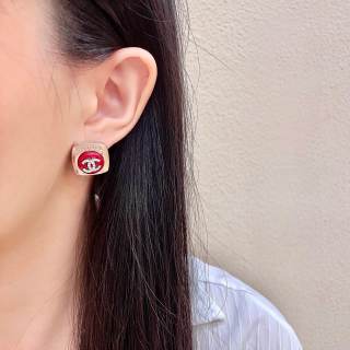 CHANEL Ruby Accent CC Square Stud Earrings