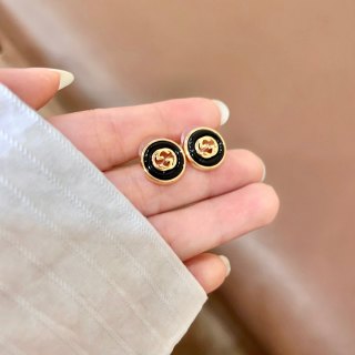 Gucci GG Black Enamel Gold Stud Earrings