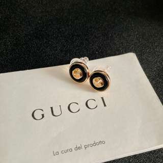 Gucci GG Black Enamel Gold Stud Earrings