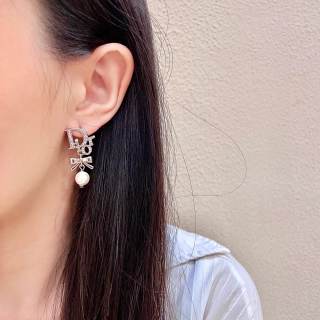 Dior Evelyne Crystal Letter Pearl Bow Stud Earrings
