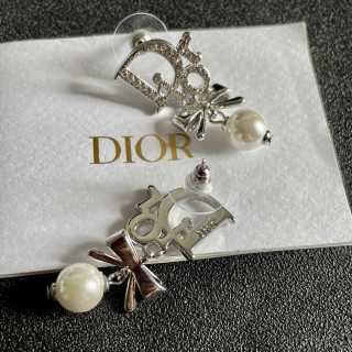 Dior Evelyne Crystal Letter Pearl Bow Stud Earrings