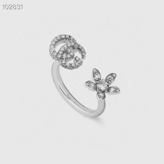 Gucci Interlocking G Floral Crystal Open Ring