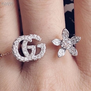 Gucci Interlocking G Floral Crystal Open Ring