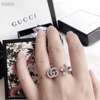 Gucci Interlocking G Floral Crystal Open Ring