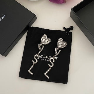 YSL Pavé Heart Monogram Drop Clip-On Earrings