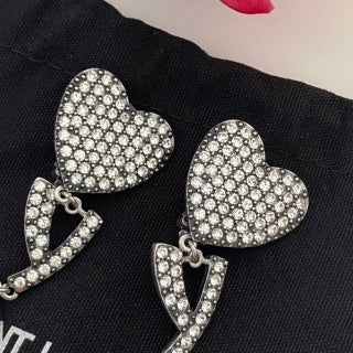 YSL Pavé Heart Monogram Drop Clip-On Earrings