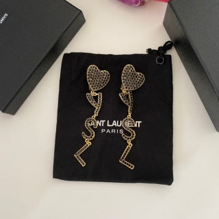 YSL Pavé Heart Monogram Drop Clip-On Earrings