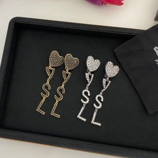 YSL Pavé Heart Monogram Drop Clip-On Earrings