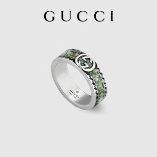 Gucci Interlocking G Green Texture Engraved Band Ring