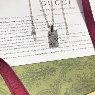 Gucci GG Web Stripe Plaque Silver Chain Necklace
