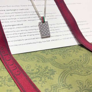 Gucci GG Web Stripe Plaque Silver Chain Necklace