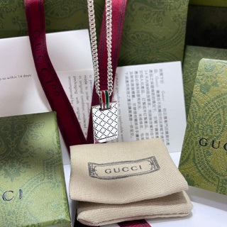 Gucci GG Web Stripe Plaque Silver Chain Necklace