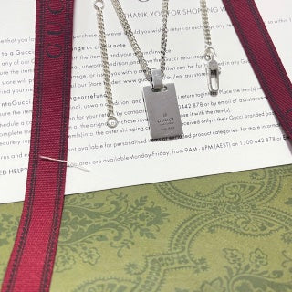 Gucci GG Web Stripe Plaque Silver Chain Necklace