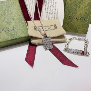 Gucci GG Web Stripe Plaque Silver Chain Necklace