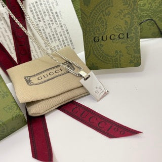 Gucci GG Web Stripe Plaque Silver Chain Necklace