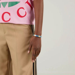 Gucci GG Enamel Stripe Open Cuff Silver Bracelet