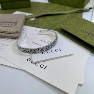 Gucci GG Engraved Filigree Open Cuff Silver Bracelet
