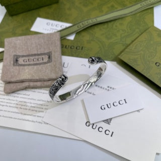 Gucci GG Engraved Filigree Open Cuff Silver Bracelet