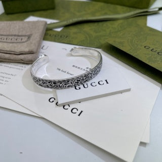 Gucci GG Engraved Filigree Open Cuff Silver Bracelet