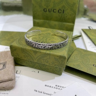 Gucci GG Engraved Filigree Open Cuff Silver Bracelet