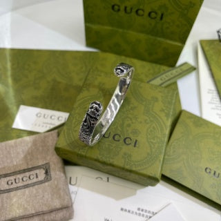 Gucci GG Engraved Filigree Open Cuff Silver Bracelet