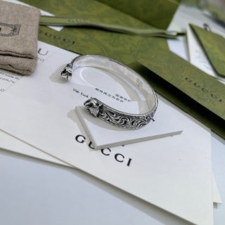 Gucci GG Engraved Filigree Open Cuff Silver Bracelet