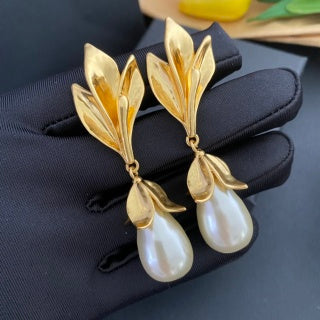 YSL Golden Leaf Pearl Drop Earrings