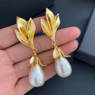 YSL Golden Leaf Pearl Drop Earrings