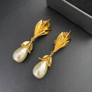 YSL Golden Leaf Pearl Drop Earrings