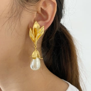 YSL Golden Leaf Pearl Drop Earrings