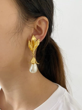 YSL Golden Leaf Pearl Drop Earrings