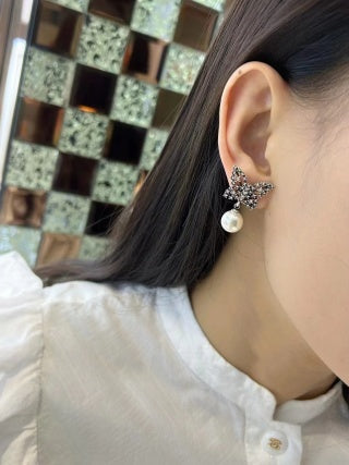Dior Butterfly Pearl CD Crystal Stud Earrings