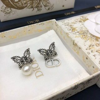 Dior Butterfly Pearl CD Crystal Stud Earrings