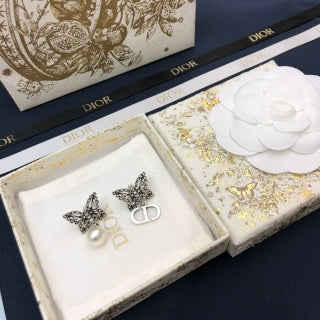 Dior Butterfly Pearl CD Crystal Stud Earrings