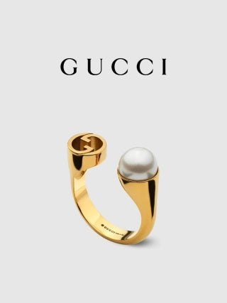 Gucci GG Pearl Accent Open Band Gold Ring