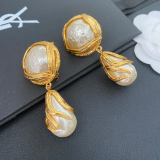 YSL Pearl Veil Gold Frame Clip-On Earrings