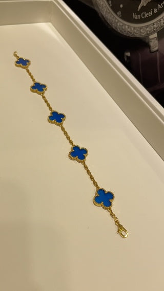 Van Cleef & Arpels 5-Motif Bracelet in Gold with Blue Agate Alhambra Motifs