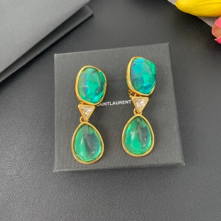 YSL Emerald Glass Double Drop Clip-On Earrings