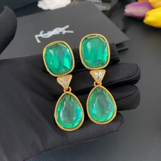 YSL Emerald Glass Double Drop Clip-On Earrings