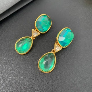 YSL Emerald Glass Double Drop Clip-On Earrings