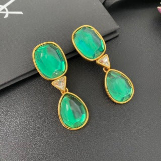 YSL Emerald Glass Double Drop Clip-On Earrings