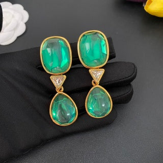 YSL Emerald Glass Double Drop Clip-On Earrings