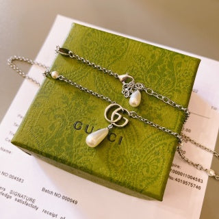 Gucci GG Pearl Drop Layered Silver Chain Necklace