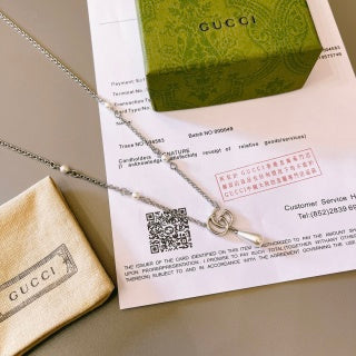 Gucci GG Pearl Drop Layered Silver Chain Necklace