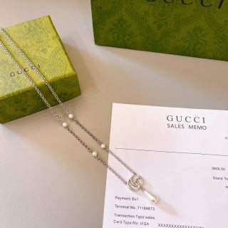 Gucci GG Pearl Drop Layered Silver Chain Necklace