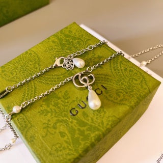 Gucci GG Pearl Drop Layered Silver Chain Necklace
