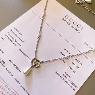 Gucci GG Pearl Drop Layered Silver Chain Necklace