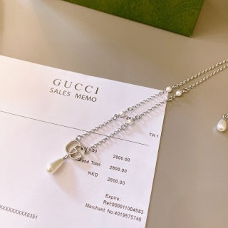 Gucci GG Pearl Drop Layered Silver Chain Necklace