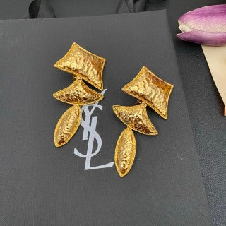 YSL Textured Gold Sculptural Drop Clip-On Earrings